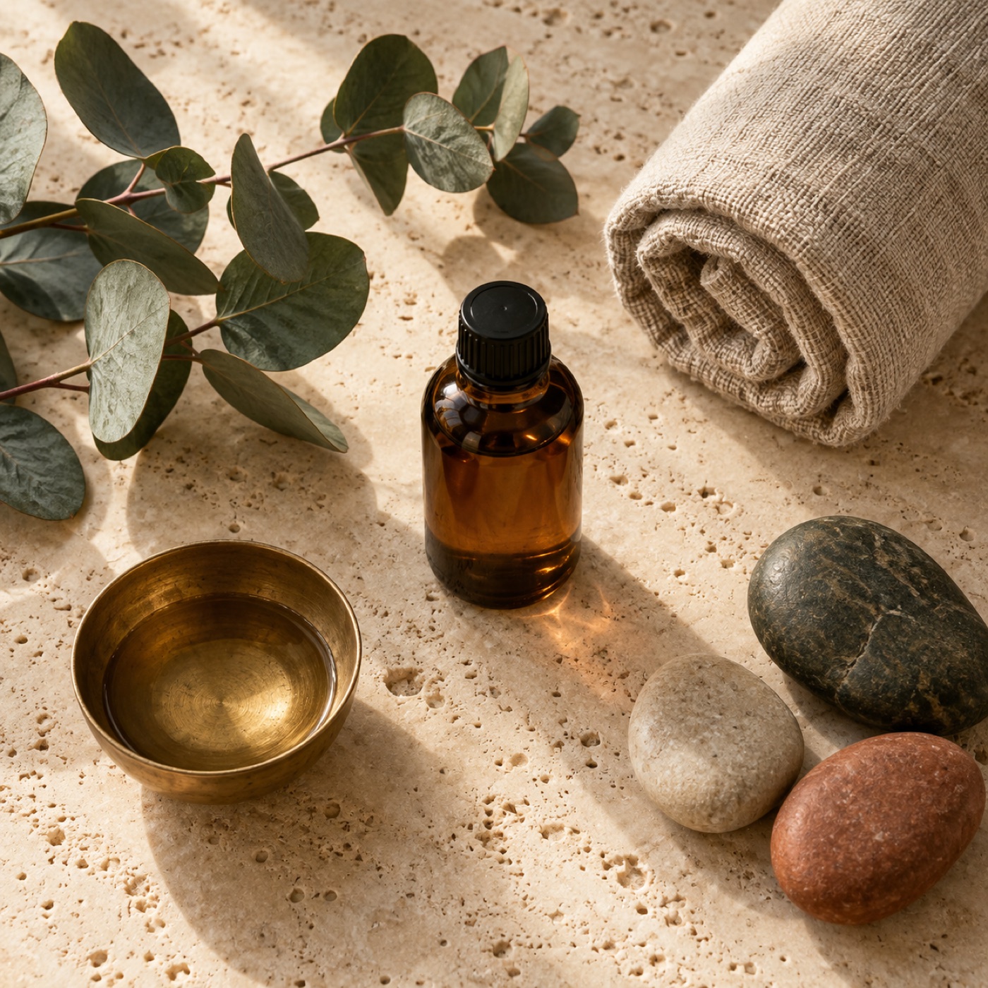 Amber oil, rolled linen, eucalyptus and river stones on travertine
